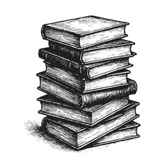Vintage black and white sketch of a messy stack of books, drawn with rough ink lines.