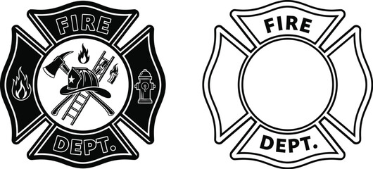 Fire Department Maltese Cross Emblem with Firefighting Tools and Hydrant