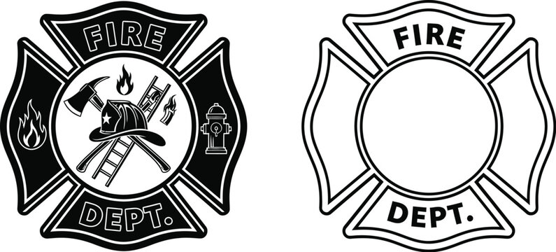 Fire Department Maltese Cross Emblem with Firefighting Tools and Hydrant