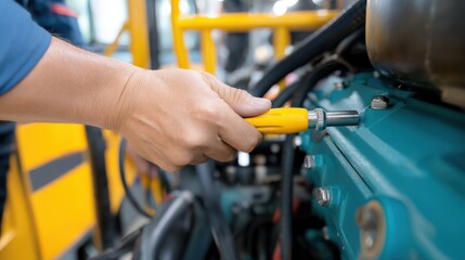 Technician performing maintenance on electric motor, Electric school bus