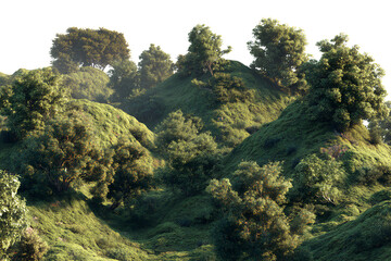3D Rendered Green Hills with Trees, isolated on transparent background.