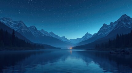 Calm Blue Lake Reflecting Starry Night Sky and Distant Mountains