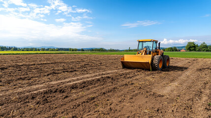 Obraz premium Yellow tractor, agricultural field, soil preparation, rural landscape, sunny day