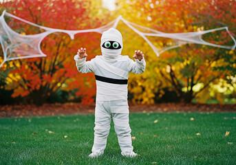 Cute toddler mummy halloween costume outside in autumn leaves for trick or treat spooky fun party