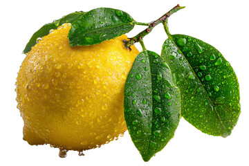 Fresh Lemon with Leaves and Water Drops, isolated on transparent background.