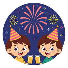 Naklejka premium Happy birthday party with smiling kids and a cartoon celebration scene
