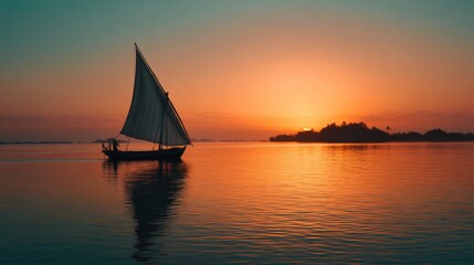 Serene Sunset Over Calm Waters with a Sailboat Silhouette Against Vibrant Horizon and Soft Reflections in Tranquil Scenery