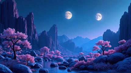 Dreamy Mountain Landscape with Pink Trees and Two Full Moons