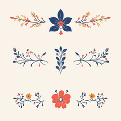 Set of hand-drawn floral ornament logo and icon designs, featuring botanical dividers with elegant flowers and leaves for branding.