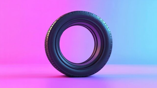 Car tire with detailed tread pattern and rubber texture standing colorful pink and blue gradient background showcasing automotive