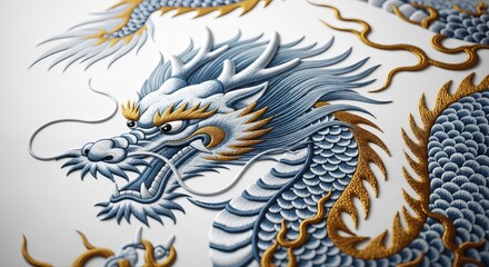 A detailed closeup of a majestic blue and gold chinese dragon intricately designed with