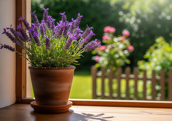 Beautiful potted lavender flower plant on a windowsill with garden view for indoor gardening decor ideas