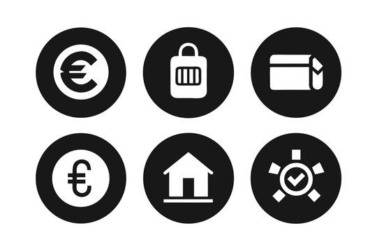 Collection of six modern black circular icons representing financial security savings home ownership and successful transactions