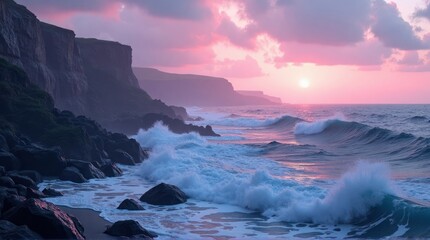 Ocean Waves Crashing on Rocky Shoreline at Pink Sunset