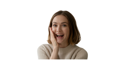 Amazed Young Woman with Open Mouth and Hand on Cheek