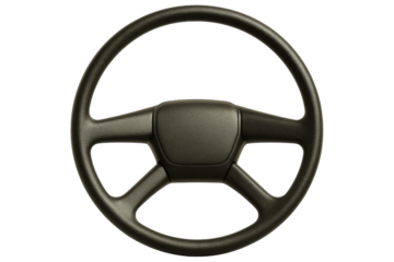 Black automotive steering wheel with a four-spoke design on a transparent background