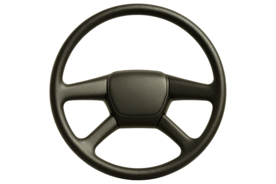 Black automotive steering wheel with a four-spoke design on a transparent background