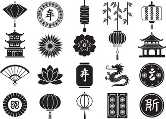 Chinese New Year Elements Icon Set  Silhouette Vector Graphics