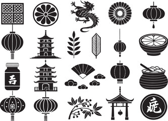 Naklejka premium Chinese New Year Elements Icon Set Silhouette Vector Graphics