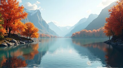 Scenic Orange Autumn Trees Reflecting on Calm Mountain Lake