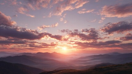 Serene Sunset Over Rolling Mountains with Dramatic Clouds and Soft Light in the Scenic Wilderness Landscape
