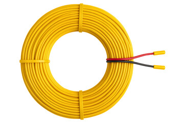 Coil of yellow electrical wire with red and black power leads on a transparent background