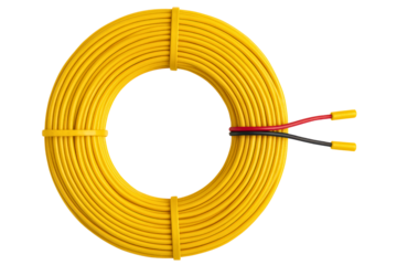 Coil of yellow electrical wire with red and black power leads on a transparent background