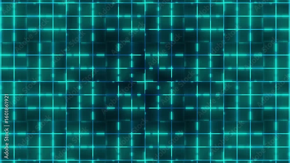 Wall mural turquoise neon grid square pattern subtly shifting and transforming on dark video backdrop for geome