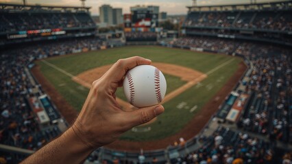 Close-up of a hand holding a baseball with a full view of the stadium in the background. High-resolution image capturing the excitement and atmosphere of a live baseball game.