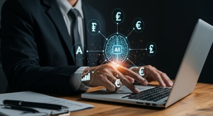 Businessman using laptop with AI overlay