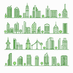 Green city concept illustrated with an editable stroke outline icons set of modern urban architecture, isolated on a white background.
