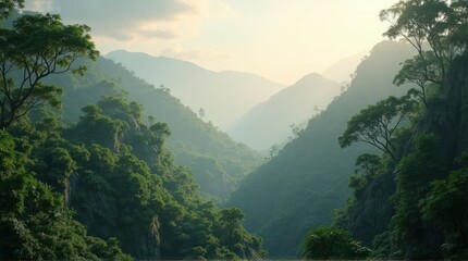 Verdant Mountain Range View with Misty Haze and Lush Green Trees
