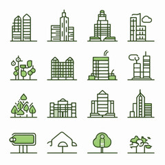 A set of green city editable stroke outline icons representing sustainable urban living, eco-friendly architecture, and modern buildings isolated for design.