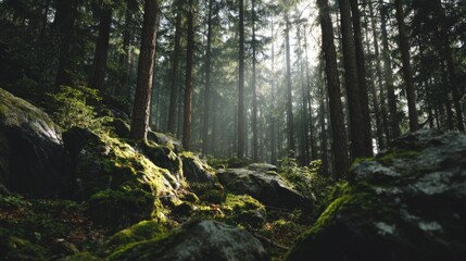 Obraz premium Enchanted Forest with Sunlight Streaming Through Trees and Lush Green Moss-covered Rocks in a Serene Natural Setting