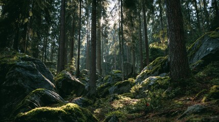 Obraz premium Sunlight Filtering Through Dense Forest Canopy Illuminating Boulders and Moss in a Serene Natural Landscape