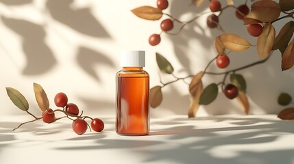 Minimal eco-packaging rosehip oil mockup with shadows of leaves