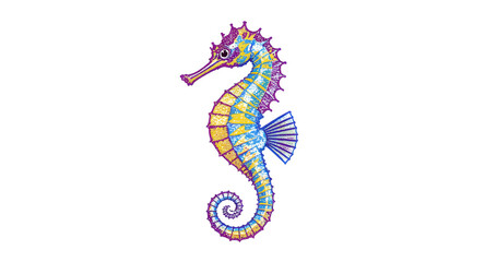 Fototapeta premium Vibrant Pixel Art Seahorse with Geometric Patterned Body Blue Yellow and Purple Colors Isolated on Black Background