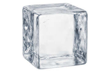 Single clear square ice cube with natural surface texture on a transparent background