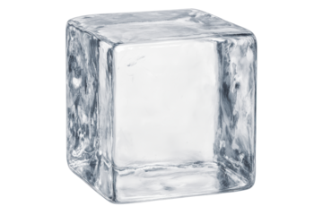 Single clear square ice cube with natural surface texture on a transparent background