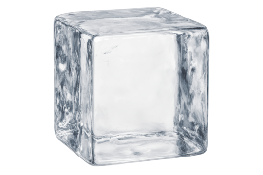Single clear square ice cube with natural surface texture on a transparent background