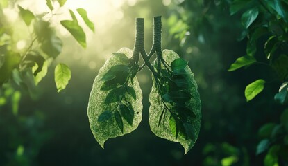 Image depicts a conceptual representation of lungs formed from leaves, symbolizing environmental health and nature