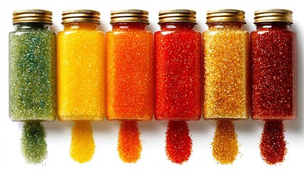 Colorful Collection of Spice Jars Filled with Vibrant Granules on a White Background