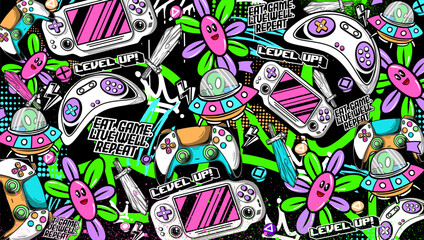 Graffiti gaming background vector illustration. Colorful Retro game elements in graffiti style. © Themeaseven