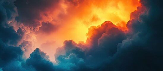 Dramatic abstract cloudscape featuring a vibrant blend of orange, yellow, and deep blue hues, creating a dynamic and captivating visual experience.