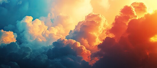 Dramatic skyscape showcasing large, billowing clouds in hues of blues, golds, and oranges, creating a vibrant and awe-inspiring atmosphere.