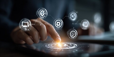 a person using a tablet with futuristic digital icons, showcasing technological advancement