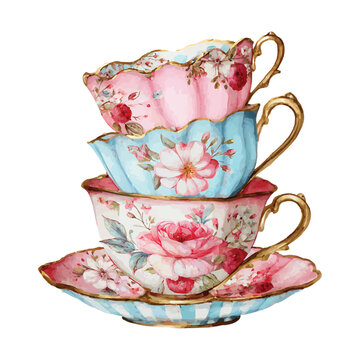 Vintage watercolor porcelain tea cups stacked with floral pattern and gold trim teacup
