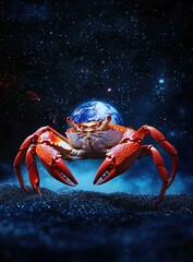 A surreal composite image of an orange crab merging with the Earth, set against a backdrop of space and stars.