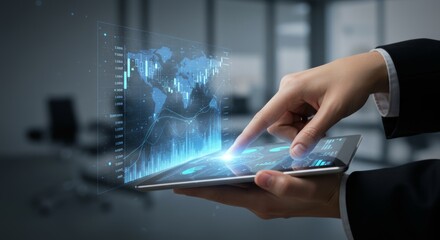Businessperson using tablet with global data overlay