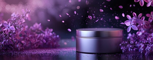 A sleek, cylindrical container surrounded by blooming purple flowers and falling petals against a dark background.